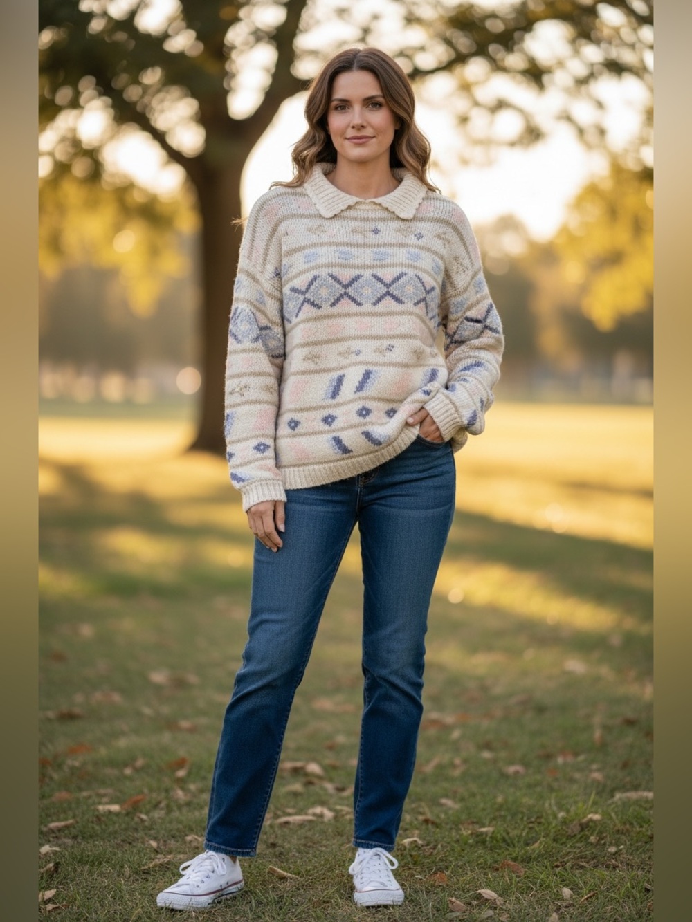 Jennifer Reed vintage Cream Fair Isle Crewneck Sweater
